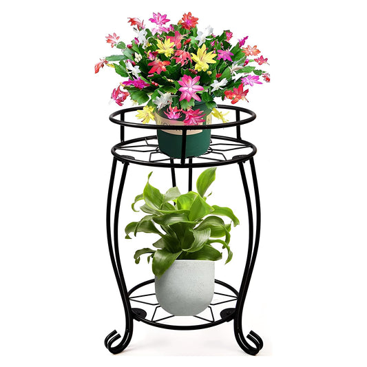 STANSY 2 Tier Metal Plant Stand, Round Indoor Flower Pot Holder, Multi-Purpose Bathroom Storage Shelf, Heavy Duty Decorative Corner Table for Living Room, Balcony, (Black)