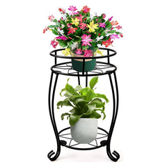 STANSY 2 Tier Metal Plant Stand, Round Indoor Flower Pot Holder, Multi-Purpose Bathroom Storage Shelf, Heavy Duty Decorative Corner Table for Living Room, Balcony, (Black)