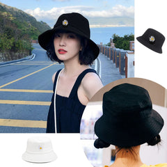 SYGA 1 Piece Reversible Double Sided Bucket Hat Sun Beach Cap Daisy Fishermans Hat for Adults, Men and Women Both for Above 15 Year - Flower Black & Pink