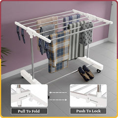 STANSY Stainless Steel Foldable Clothes Drying Rack with Wheels, Heavy-Duty Laundry Stand for Home & Balcony, Space-Saving Design, Indoor Outdoor Cloth Dryer