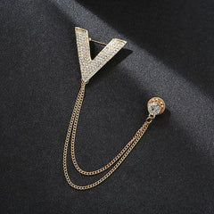 SYGA Men's & Women Suit Shirt Stud Lapel Pin Chain Tassel Brooch Pin with Crystal Chain(Big V gold)