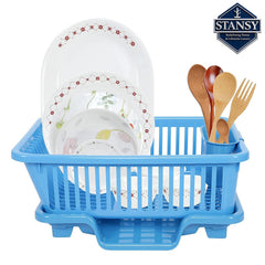 STANSY Plastic Dish Drainer with Cutlery Holder & Drain Tray, Blue, 45 x 32 x 18 cm