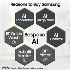 Samsung 12 kg, 5star, AI Control, AI Ecobubble, Super Speed, Wi-Fi, Hygiene Steam with Inbuilt Heater, Digital Inverter, Fully-Automatic Front Load Washing Machine (WW12DG6B24ASTL, Navy)