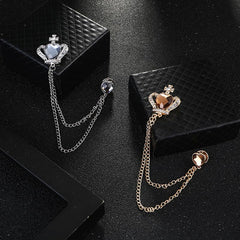 SYGA Men's & Women Suit Shirt Stud Lapel Pin Chain Tassel Brooch Pin with Crystal Chain(Silver Sapphire Crown)