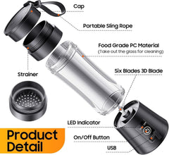 Portable Blender Electric Juicers Fruit Mixers USB Rechargeable Smoothie Mini Personal Juicer 6 Blades 3Gears With 1500 Mah Rechargeable Battery-Smoothie Blender (Style1)