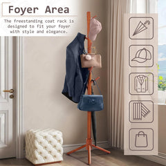 STANSY Wooden Tree Design Coat Rack Stand with Multiple Hooks & Stable Tripod Base for Entryway, Bedroom & Office
