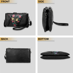 MOMISY Women Embroidery Crossbody Black Bag Small Shoulder Purse Soft Synthetic Leather Mobile Cell Phone Bag For Ladies (Dragonfly)