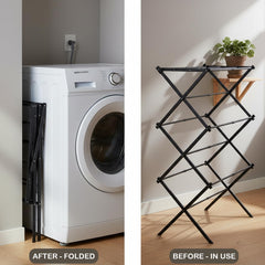 STANSY Foldable Cloth Drying Stand, Multi-Tier Metal Clothes Airer, Space-Saving Freestanding Laundry Rack for Home, Balcony, Laundry Room, Black