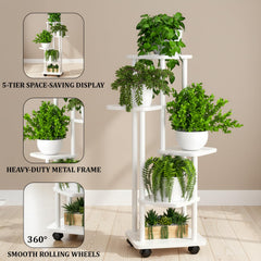 STANSY 5 Tier Plant Stand with Wheels | Multi-Layer Metal Flower Shelf for Indoor & Outdoor Use | Heavy-Duty Wooden Laminate Display Stand for Home, Balcony, Living Room(White Wood + White,112cm)