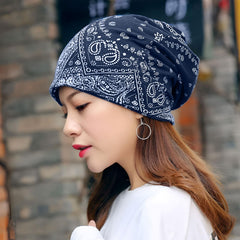 MOMISY Soft Stretch Chemo Scarf Beanie | Breathable Slouchy Hat with Stylish Prints for Women (Navy)