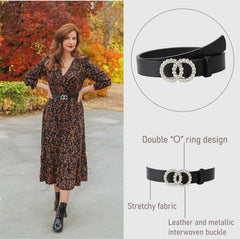 SYGA PU Leather Belt Rhinestone Waist Round Buckle Belt - Black