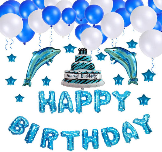 SYGA Cute Birthday Party Balloons Set - Happy Birthday Letters Balloons and Birthday Celebration Balloons Supplies Birthday Party Decoration with Dolphin and Cake Birthday (Blue)