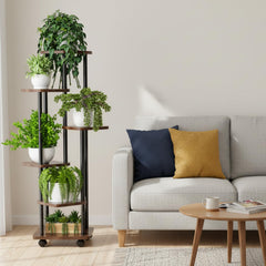 STANSY 6 Tier Plant Stand with Wheels | Tall Multi-Layer Indoor Plant Rack for Multiple Pots | Corner Flower Stand for Home, Balcony, Living Room, Patio (Mocha Brown + Black, 138cm)