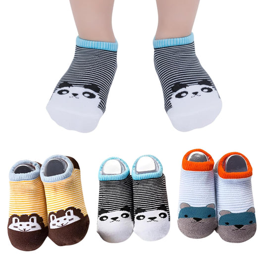 MOMISY Baby Socks, Anti Skid Non Slip Cotton Stretch, 3 Pairs, Toddler Boys Girls (IN, Age, 3 Years, 5 Years, 3Panda)