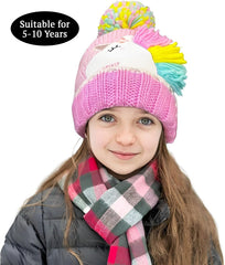 SYGA Children's Unicorn Beanie Cap & Gloves Set Winter Pom Pom Hat Combo for Ages 5-10 Years Warm Knitted Design(Pink)