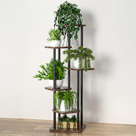 STANSY 6 Tier Plant Stand for Indoor Plants | Tall Multi-Layer Flower Shelf for Multiple Pots | Modern Corner Plant Rack for Home, Balcony, Living Room (Mocha Brown + Black, 132cm, 6-Tier)