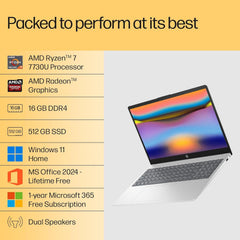 HP 15 Laptop, AMD Ryzen 7 7730U (16GB DDR4,512GB SSD) Anti-Glare, Micro-Edge,15.6''/39.6cm, FHD, Win11, M365 Basic(1yr),Office Home24,Silver,1.59kg,FHD Camera w/Privacy Shutter, Backlit KB, fc0390AU