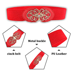 SYGA Women's Leather Belt, PU Leather Stretchy Waist Belt with Floral Metal Buckle, Retro Style - Black