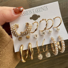 SYGA Little Pearl Earrings Set of 9, Celebrity Inspired Latest Stylish Gold Plated Hoop and Crystal Pearl Stud Earrings for Women