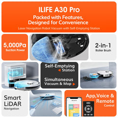 ILIFE A30 Pro Robotic Vacuum Cleaner with Self-Empty Station, 5000Pa Suction, LiDAR Navigation, Vacuum and Mop Combo, Multi-Floor Mapping, Customize Cleaning, Remote Control, App, Alexa & GH