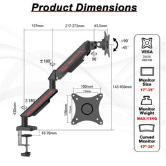 Fydeamer Monitor Arm, Gas Spring Monitor Stand for 17-35 Inch Screens up to 11 kg, Adjustable Monitor Mount with C-Clamp & Grommet Base (Single Arm Black)