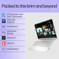 HP 15s, 12th Gen Intel Core i3-1215U (8GB DDR4, 512GB SSD) Anti-Glare, 15.6"/39.6cm,FHD, Win 11, MS Office 21, Silver, 1.69kg, fy5006tu/fd0751tu/fd0752tu, UHD Graphics, HD Camera, Dual Speakers Laptop