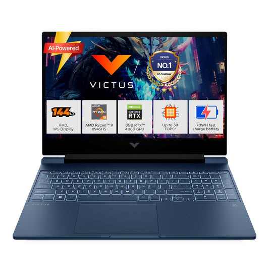 HP Victus, AMD Ryzen 9-8945HS, 8GB RTX 4060, 16GB RAM (Upgradeable) 1TB SSD, 144Hz, 300nits, IPS, FHD, 15.6"/39.6cm, Win11, M365* Office 24, Blue, 2.29Kg, Backlit, fb3025AX, AI Gaming Laptop