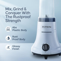 Longway Sage 500 Watt Juicer Mixer Grinder with 2 Jars for Grinding, Mixing, Juicing with Powerful Motor | 1 Year Warranty | (Gray & Black, 2 Jars)
