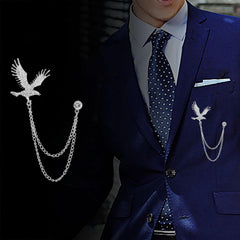 SYGA Men's & Women Suit Shirt Stud Lapel Pin Chain Tassel Brooch Pin with Eagle Design and Crystal Chain(Silver)