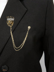 SYGA Men's & Women Classic Animal Lion Head Corsage Suit With Eagle Chain Lapel Pin Tassel Brooch Pin with Crystal Chain(Ancient gold crown lion head)