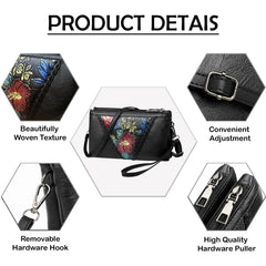 MOMISY Women Embroidery Crossbody Bag Small Shoulder Black Purse Soft Synthetic Leather Mobile Cell Phone Bag For Ladies (Hibiscus)