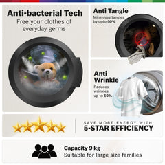 Bosch 9kg 5 Star Anti Stain & AI Active Water Plus Fully Automatic Front Load Washing Machine with Built in Heater (WGA1420TIN, Pretreatment & Steam with Anti Bacteria and 5 Star Inverter, Black Grey)