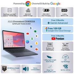 ASUS Chromebook CX1405, Intel Celeron N4500, 8GB RAM, 128GB, FHD 14"(35.56cm), Chrome OS, Quiet Blue, 1.4Kg, CX1405CKA-S60394, Intel UHD Graphics, 42WHrs, Thin & Light Laptop
