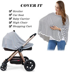 MOMISY Car Seat Canopy Nursing Scarf Poncho Multi-Use Cover, Shopping Cart Cover, Stroller Cover, Infinity Scarf 360° Privacy Breastfeeding Protection, Baby Shower - Black White Strip