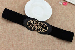 SYGA Women's Leather Belt, PU Leather Stretchy Waist Belt with Floral Metal Buckle, Retro Style - Black
