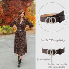 SYGA PU Leather Belt Rhinestone Waist Round Buckle Belt -Brown