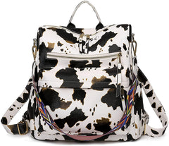 MOMISY Backpack Women handbag and Shoulder Bag PU Leather Travel Waterproof Ladies Girls College- Beige Cow