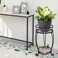 STANSY 2 Tier Metal Plant Stand, Round Indoor Flower Pot Holder, Multi-Purpose Bathroom Storage Shelf, Heavy Duty Decorative Corner Table for Living Room, Balcony, (Black)