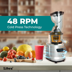 Libra Cold Press Juicer for Home, 48 RPM Whole Slow Cold Pressed Fruit Juicer with 240 Watts Powerful Motor, All-in-1 Juice Maker Machine for All Fruits and Vegetables (Silver)