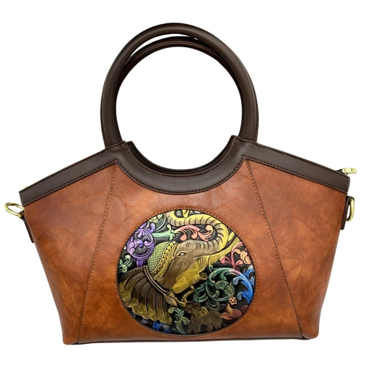 SYGA Women Artisan Embossed Elephant Handbag – Horizontal Square Vintage Tote for Daily Match