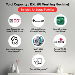 LG 12 Kg, 5 Star, AI Direct Drive Technology, Wi-Fi, Steam Fully Automatic Front-Loading Washing Machine (FHP1412Z3O, Intelligent & Convenient Fabric Care, Allergy Care, In-Built Heater, Onyx Black)