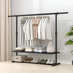 STANSY Garment Rack Freestanding Hanger, Metal Clothing Storage Rack with Double Shelves, Black, Multi-Functional Clothes Stand for Bedroom, Closet, Boutique