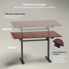 Jin Office Octave Height Adjustable Desk Electric | Sit Stand Table, 80 Kg Wt. Cap, 2 Year Warranty| Standing Desk with Memory Preset, Cup Holder| Stability Crossbar| Brown 1200*750mm/25mm Thick Top