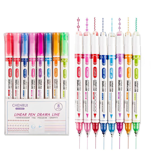 SYGA Set of 8 Roller Printing Pen Curve Highlighter Flower Contour Pen Double Line Wave Quick-Drying Box