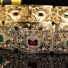 SYGA Women's Wedding bridal waist chain Middle Eastern Metal Hollow Carved Rhinestone Inlaid Belt Robe Girdle Accessories(Gold+MultiColor)