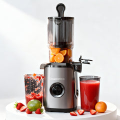 DOMESTICA Dripdrop Cold Press Juicer for Home with 108mm Wide Feed Chute | Slow Juicer Machine for Fruit, Veggie & Nut Milks | Smart Reversal Technology & Triple Strainers For High Nutrition