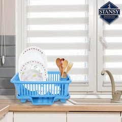 STANSY Plastic Dish Drainer with Cutlery Holder & Drain Tray, Blue, 45 x 32 x 18 cm