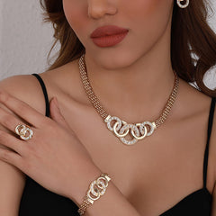 SYGA Women Necklace Set Gold-tone Five Rings Pattern Four Piece Jewelry Set Earrings Necklace Bracelet Ring Wedding Festival For Women