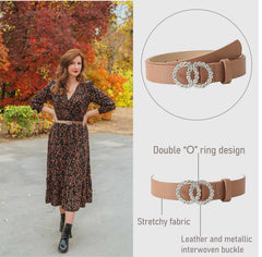 SYGA PU Leather Belt Rhinestone Waist Round Buckle Belt - Beige