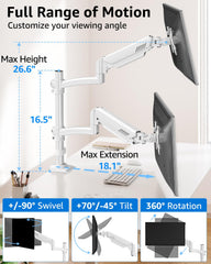 Dual Monitor Stand Height up to 26.6 inch, Monitor Desk Mount Holds up to 32 inch & 22 lbs Each, Gas Spring Dual Monitors Arm with C-clamp & Grommet Mounting, Freelift White